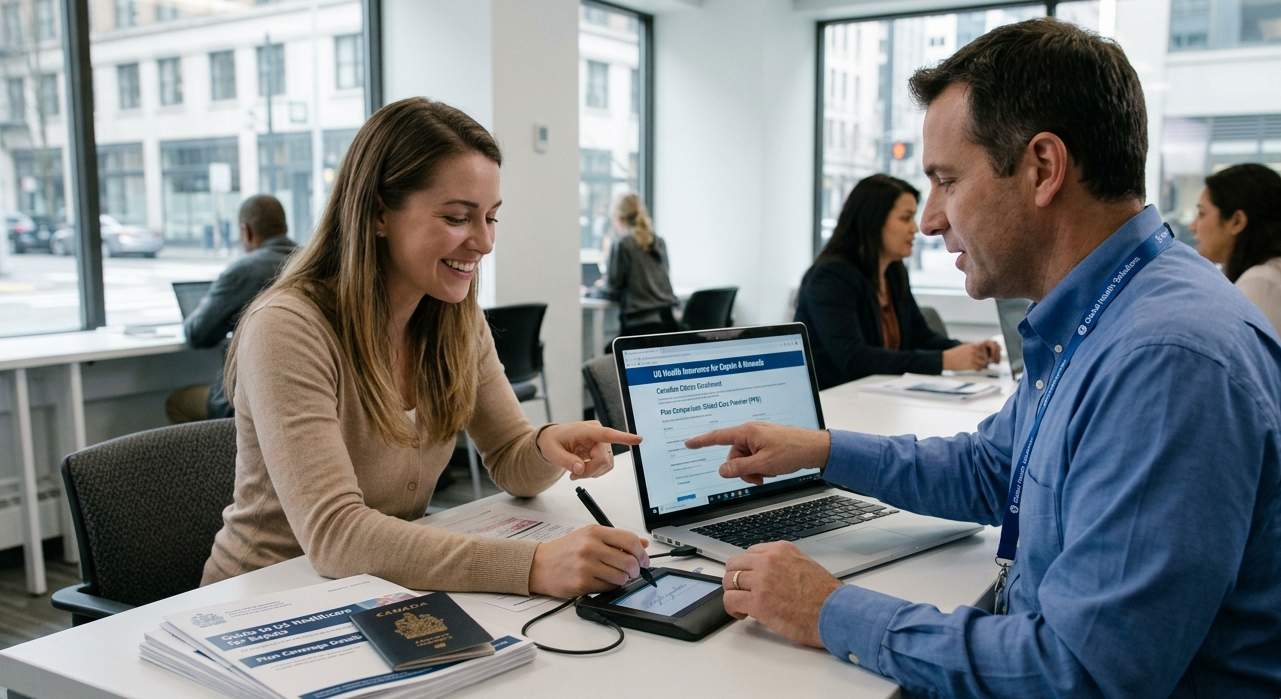 Canadian expat reviewing US health insurance plan options with agent on laptop