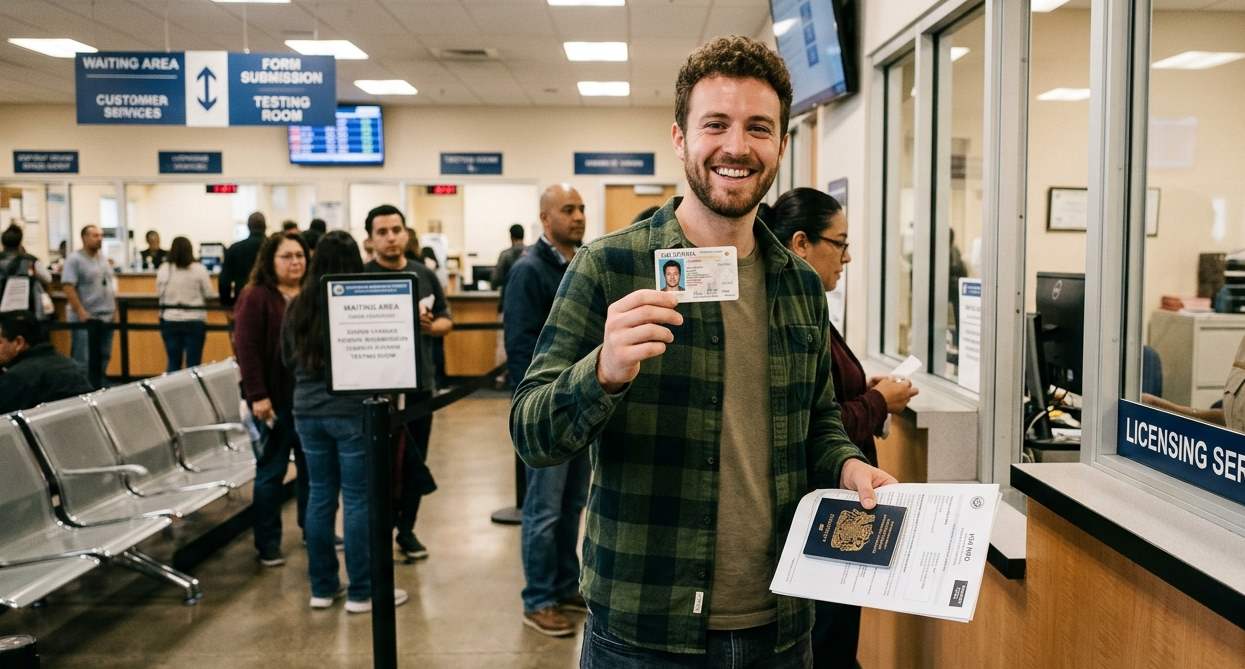 Smiling expat holding new US driver's license and passport at DMV licensing office