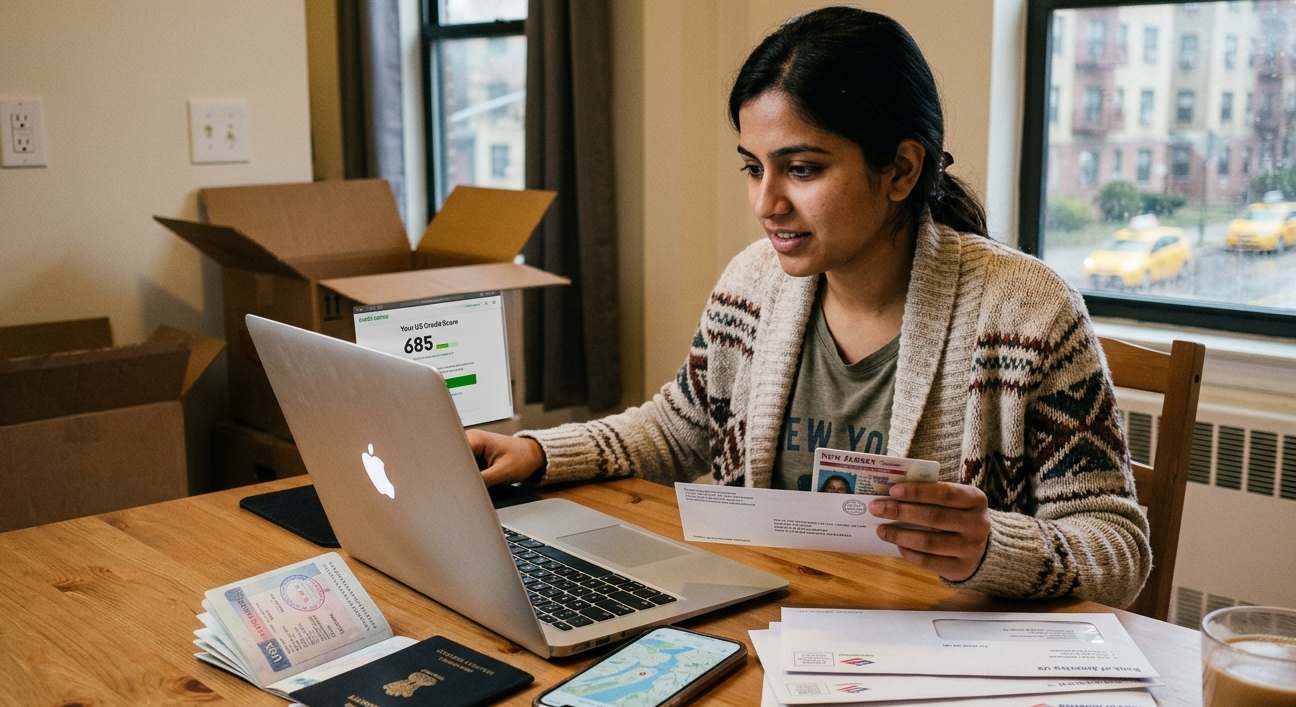 New expat checking US credit score on laptop while reviewing ID documents at home