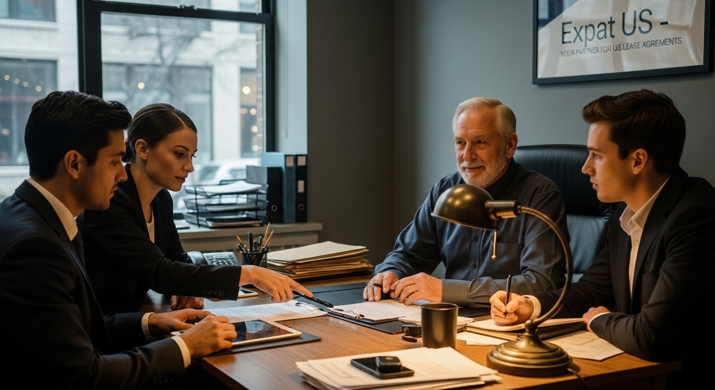 International renters reviewing US lease agreement documents with real estate advisor