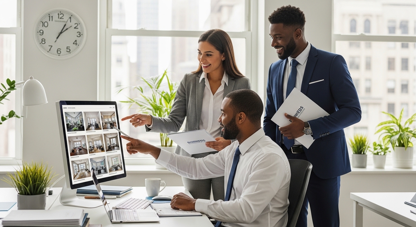Business professionals reviewing virtual property listings for future corporate relocation services