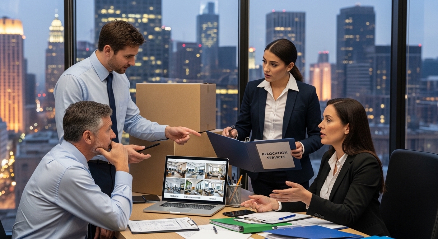 Corporate relocation team using digital tools and virtual property tours to plan employee move