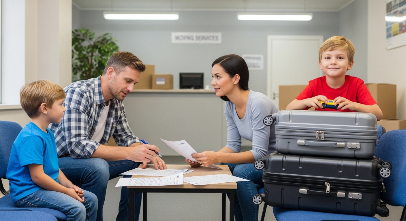 Parents with two kids signing paperwork at moving services office for US family relocation