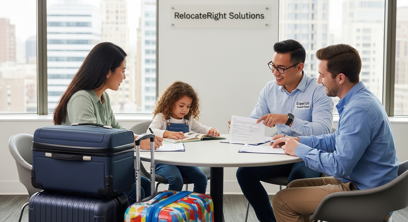 Family meeting with relocation consultant to plan their move to the United States