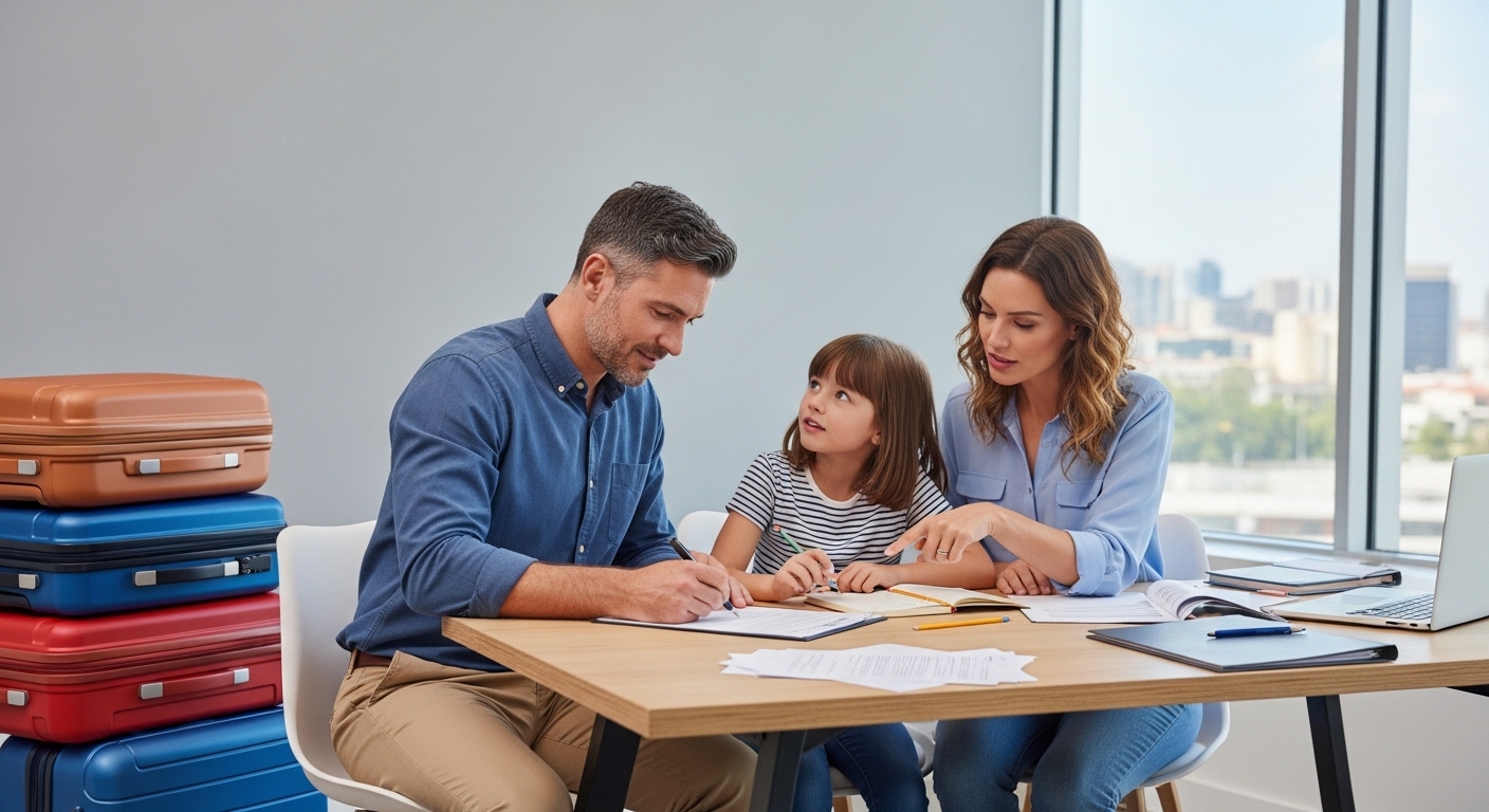 Family with daughter researching best US states and cities for relocation at home