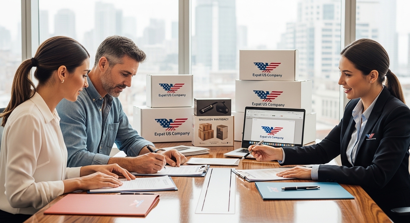 Expat couple signing paperwork with moving company agent before shipping goods overseas to US