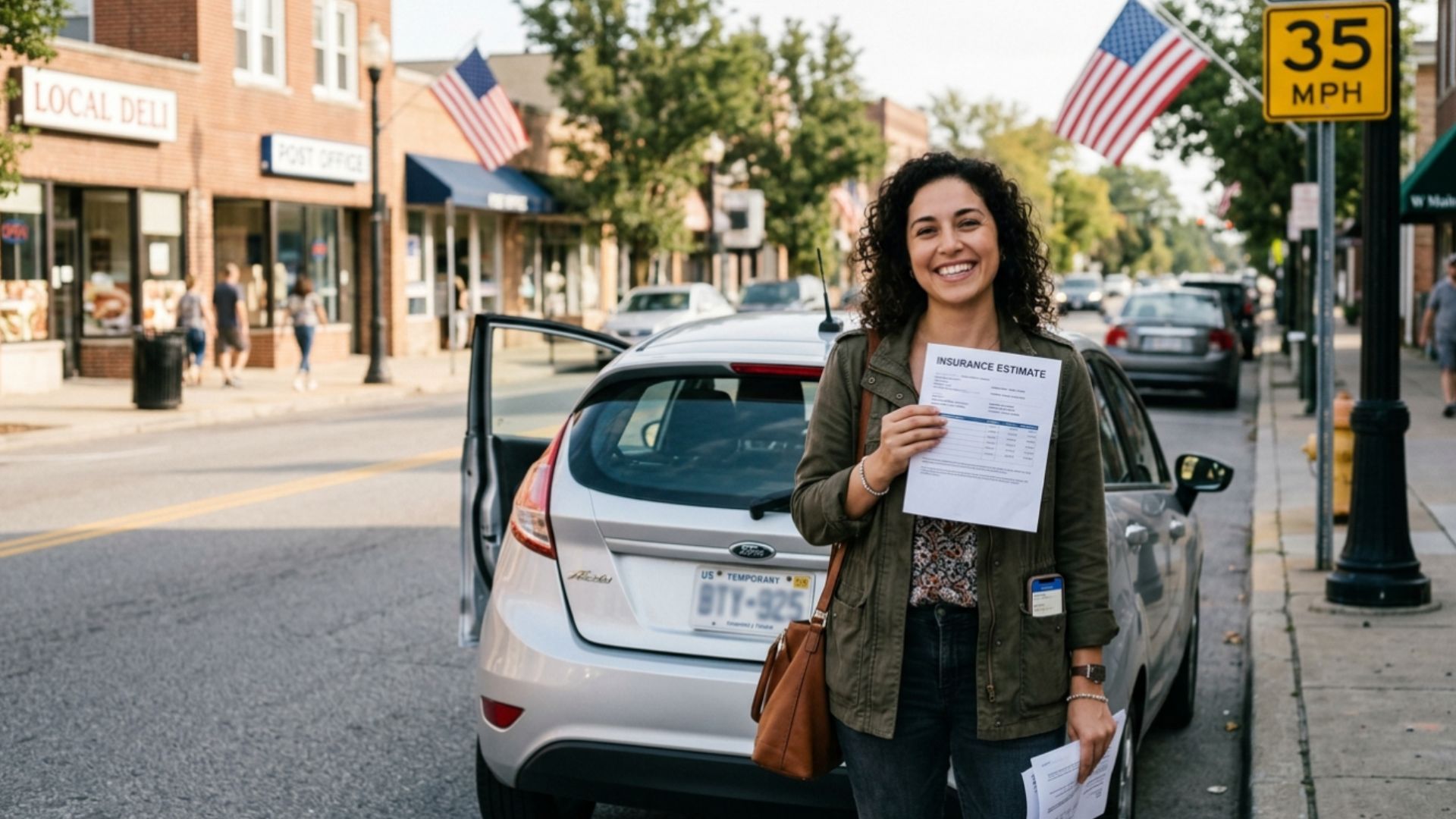 Smiling international driver holding a car insurance estimate near a car with US temporary plates