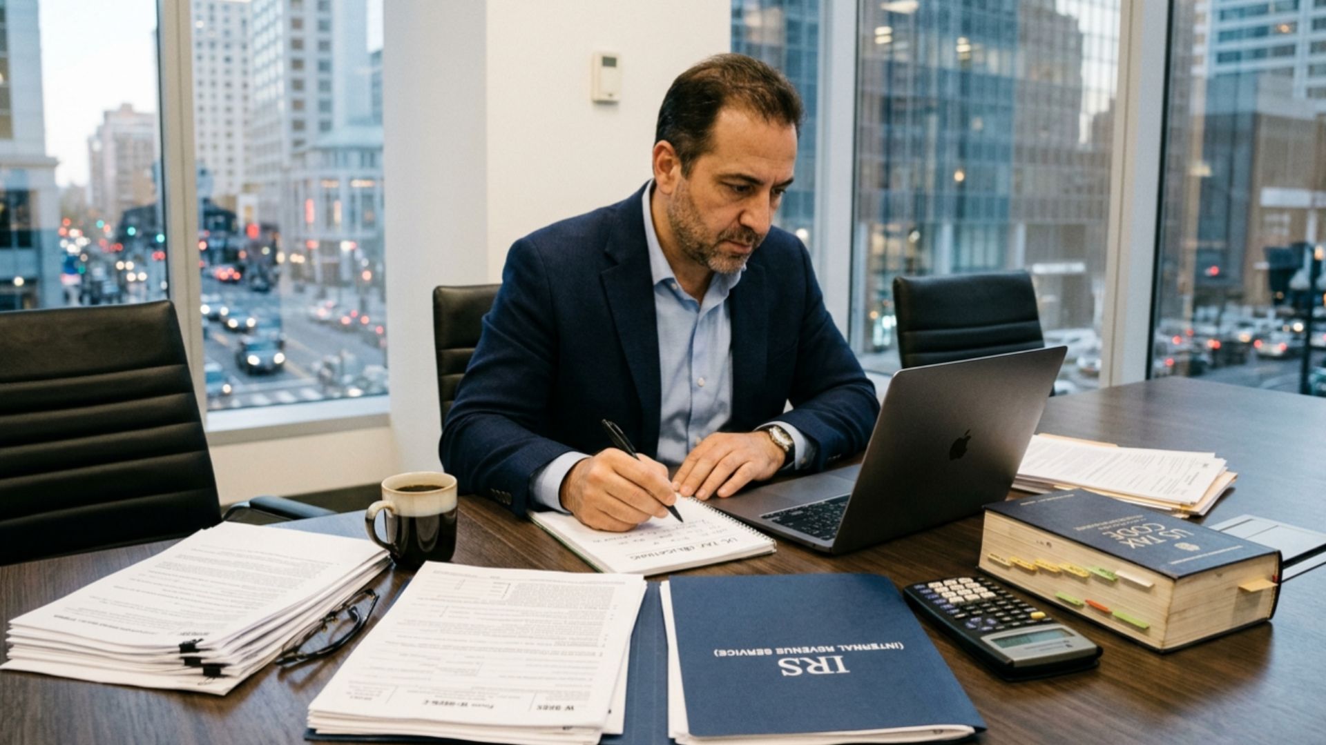 Foreign business owner reviewing IRS tax documents and tax code at an office desk