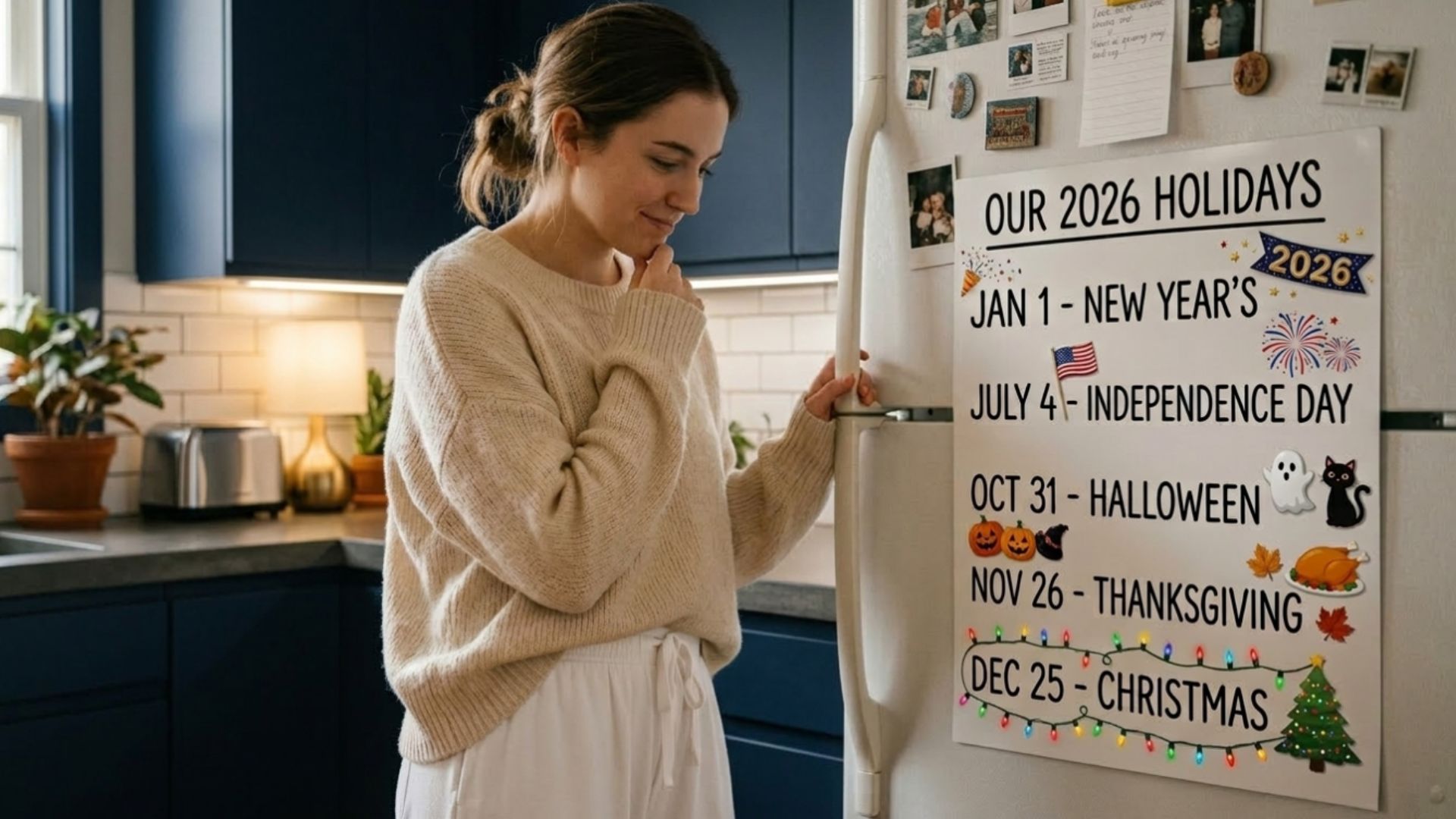 Woman looking at a 2026 American holidays calendar on her kitchen fridge