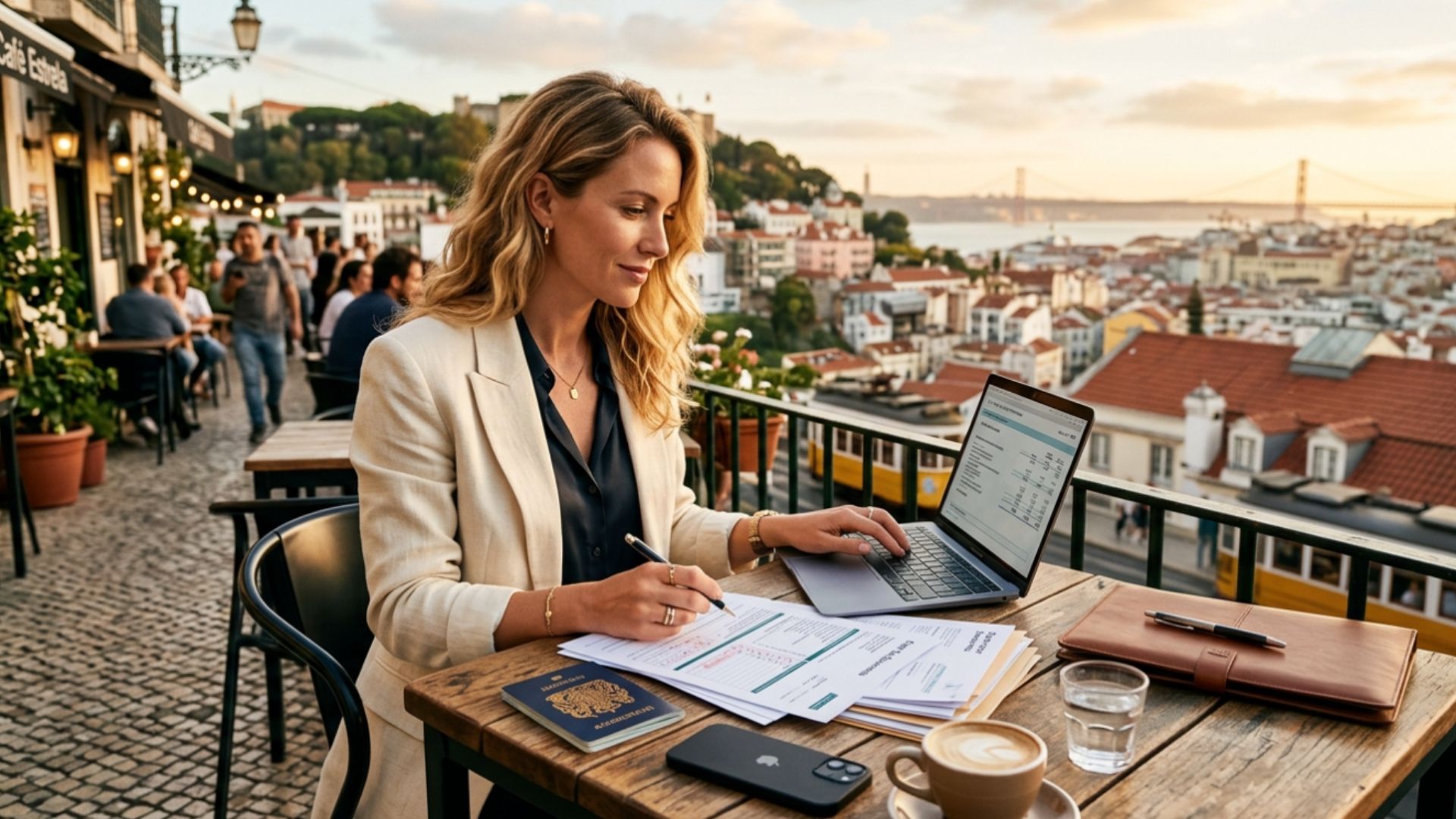 US expat completing FEIE tax forms on a laptop at a Lisbon café overlooking the city