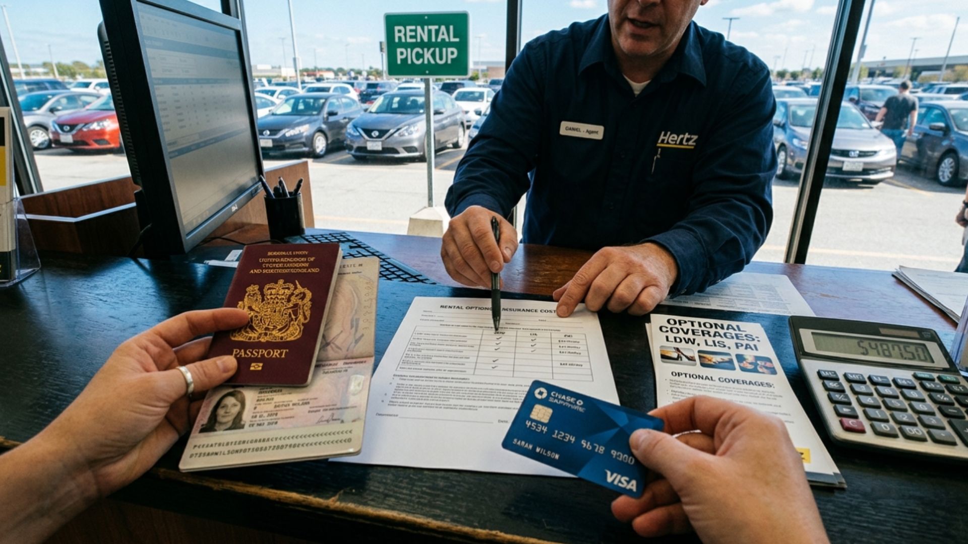 Foreigner reviewing rental car insurance options and costs with a passport and credit card at counter