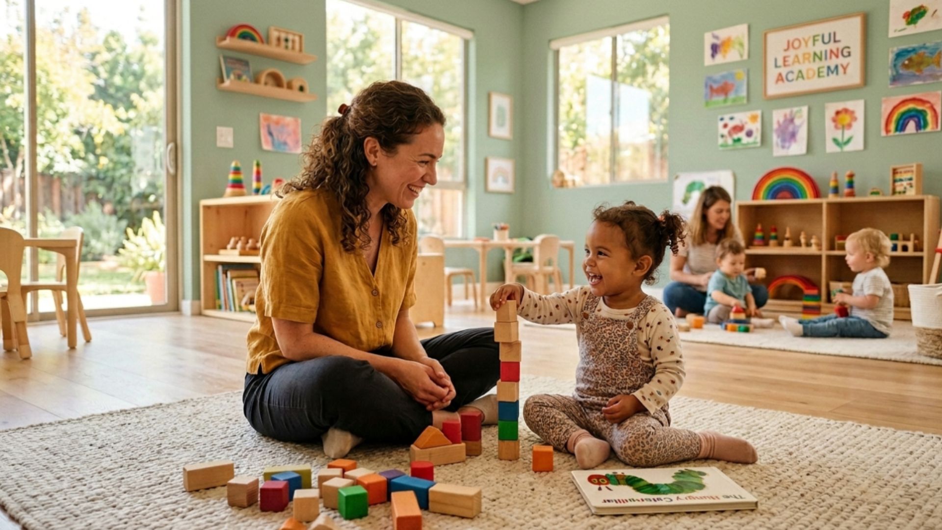 Daycare teacher playing with a toddler stacking blocks at a US childcare center
