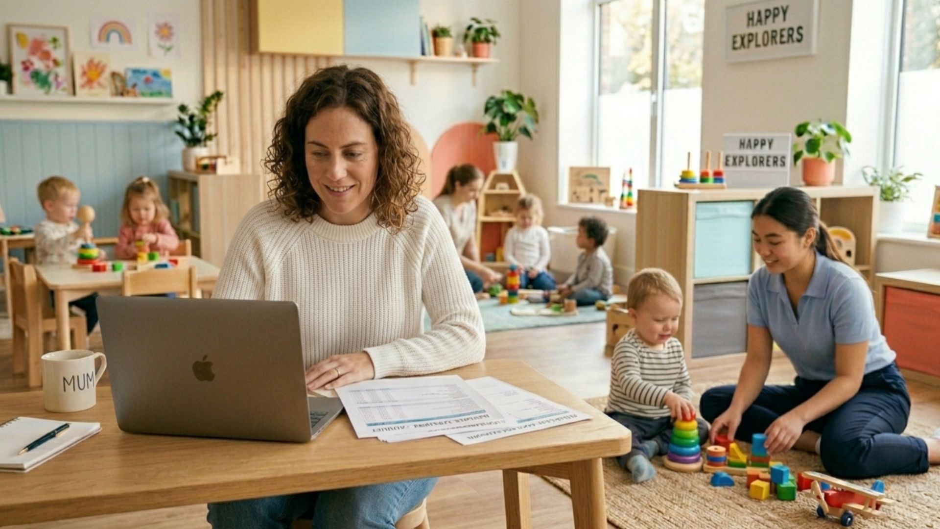 Expat mom reviewing monthly child care costs on a laptop while her toddler plays at daycare