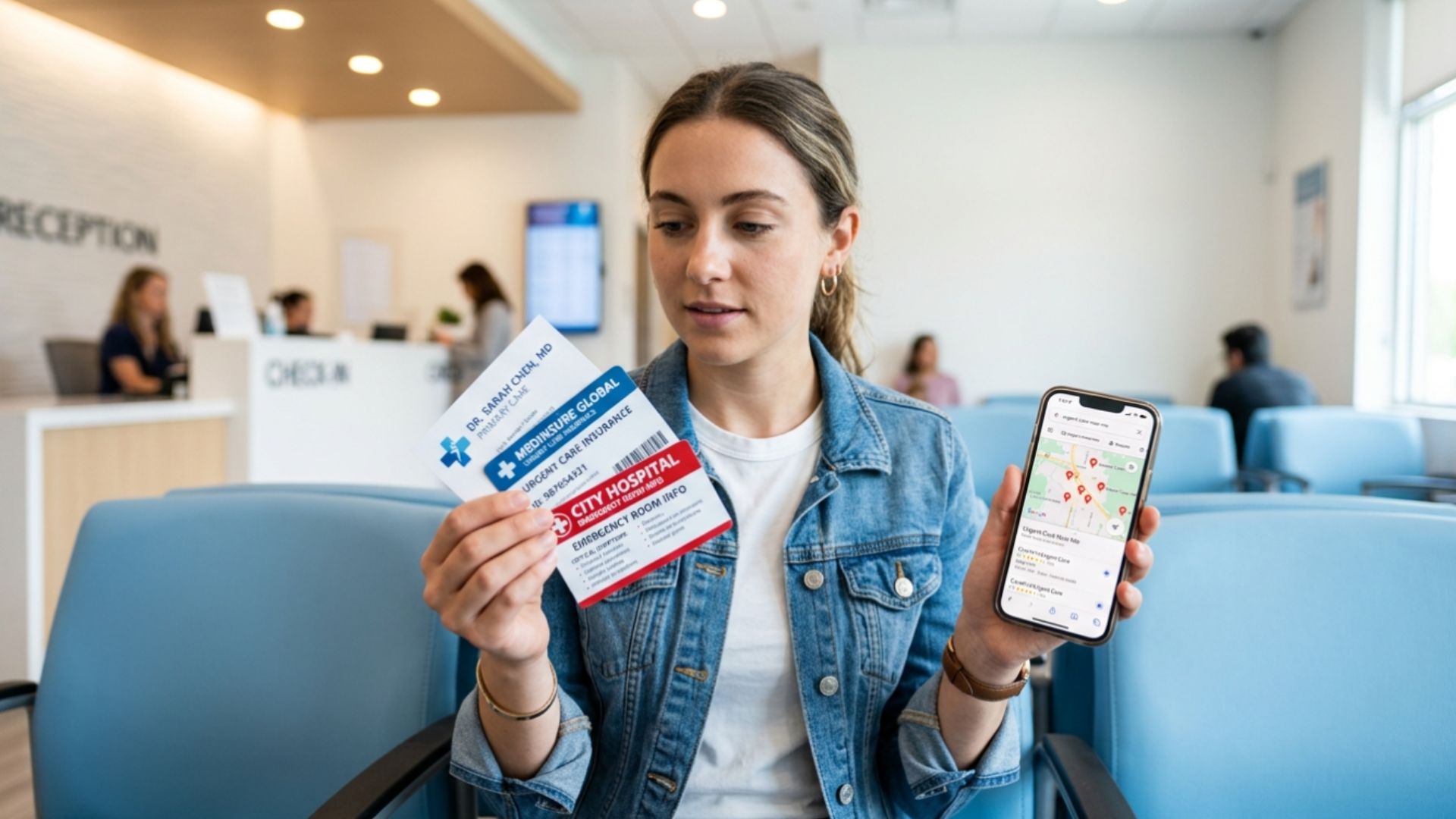 Newcomer in a clinic waiting room holding insurance cards and a phone showing nearby urgent care on a map