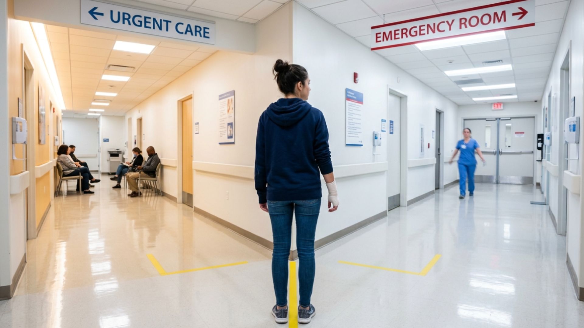 Woman standing in a hospital hallway between Urgent Care and Emergency Room signs, deciding where to go