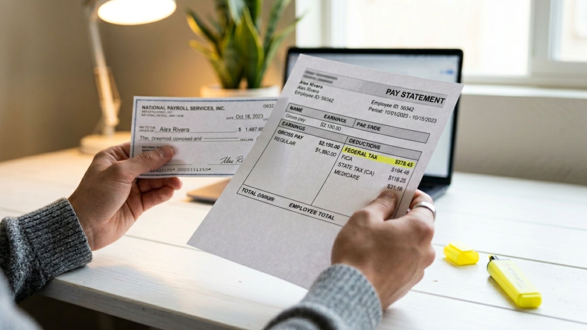 Person reviewing a first US pay statement and paycheck showing federal tax, FICA, and Medicare withholding deductions