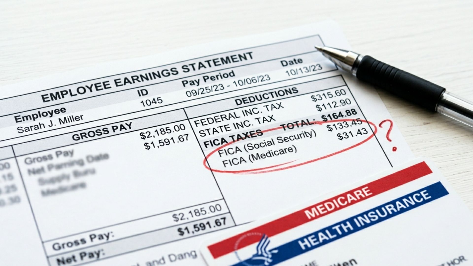 Employee earnings statement with FICA Social Security and Medicare deductions circled in red next to a Medicare card