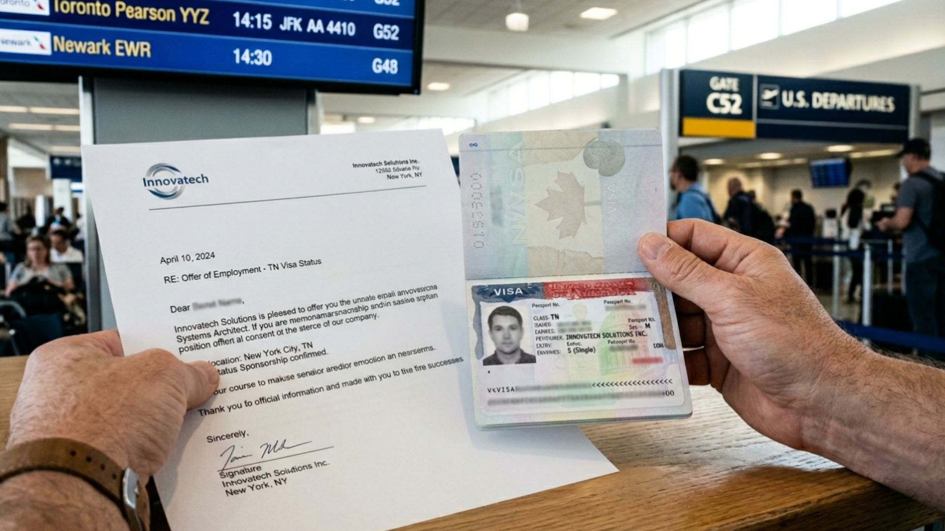 Hand holding TN visa employment letter and Canadian passport at airport US departures gate