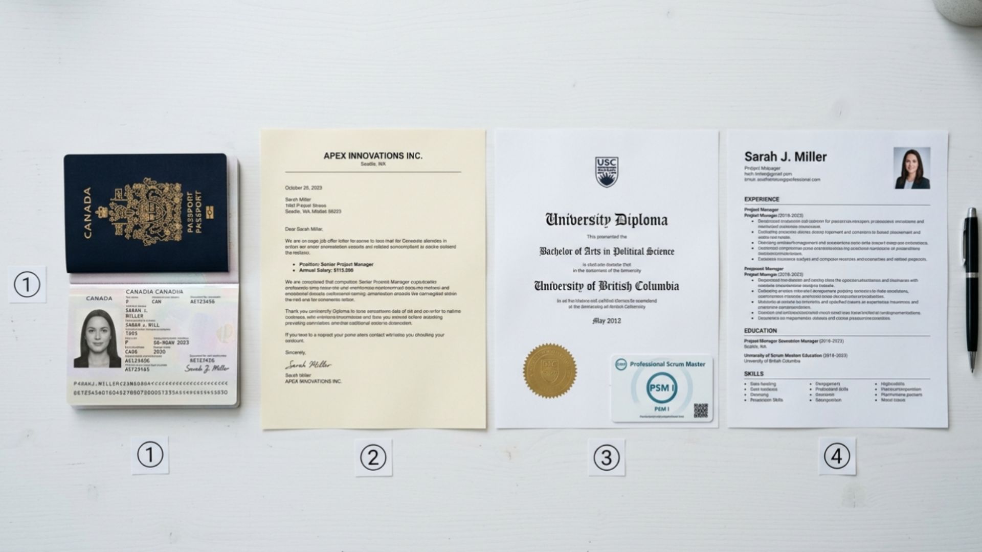 TN visa documents: Canadian passport, job offer letter, university diploma, and resume on a desk