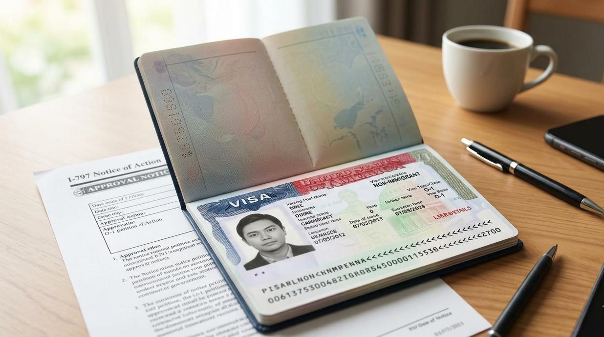 O-1 extraordinary ability visa in a passport beside an I-797 Notice of Action approval notice