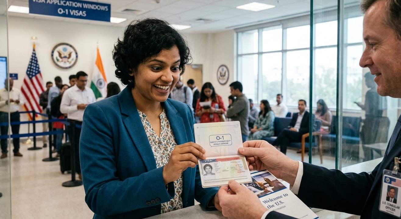 Woman receiving her approved O-1 visa from a consular officer at a U.S. visa application window