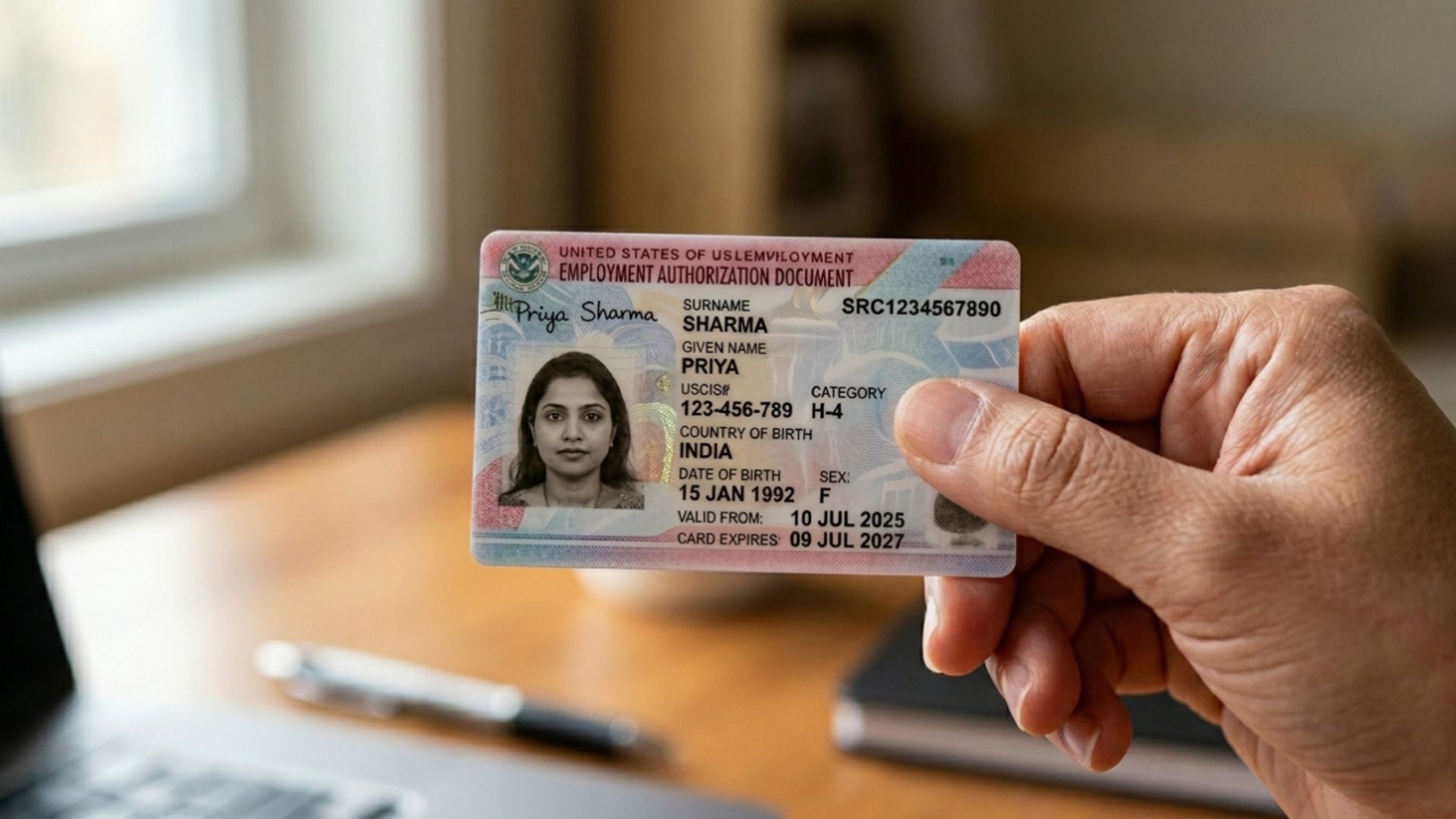 Hand holding an H-4 category Employment Authorization Document (EAD) card issued by USCIS