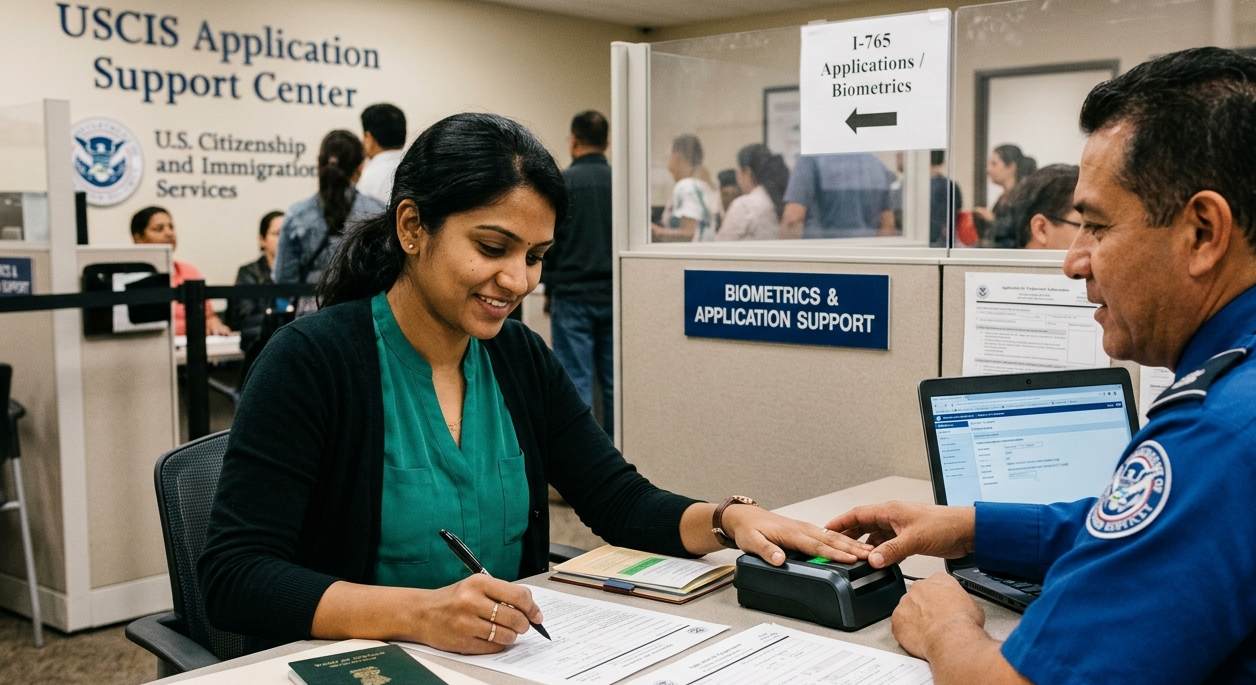 Woman completing biometrics and I-765 paperwork at a USCIS Application Support Center for her H-4 EAD