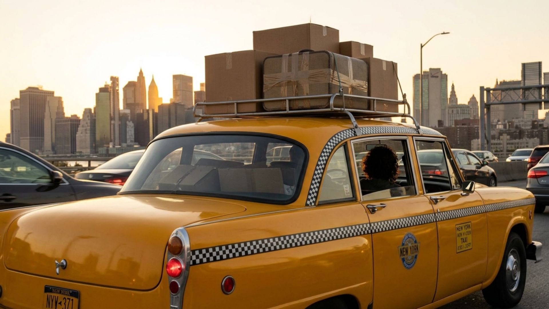 Yellow New York taxi loaded with moving boxes and luggage against the Manhattan skyline at sunset