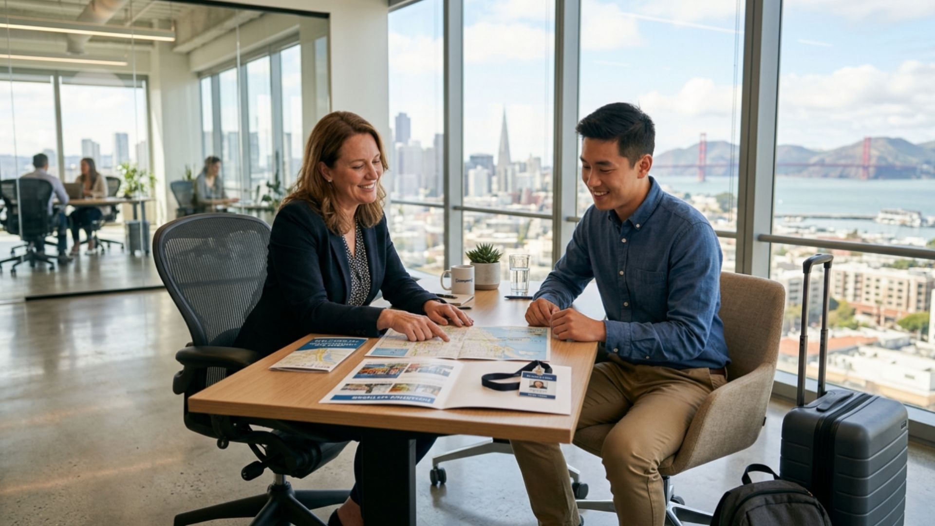 Relocation consultant and employee reviewing a map in a San Francisco office overlooking the Golden Gate Bridge