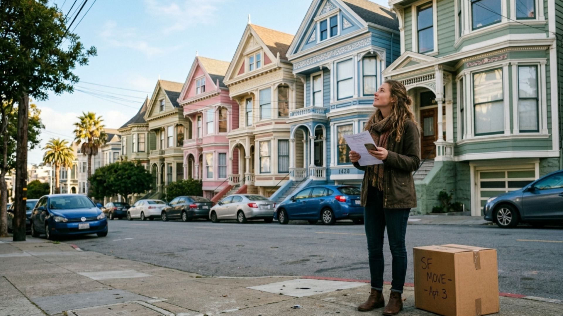 Woman with a moving box checking her new address in front of San Francisco's Painted Ladies Victorian homes
