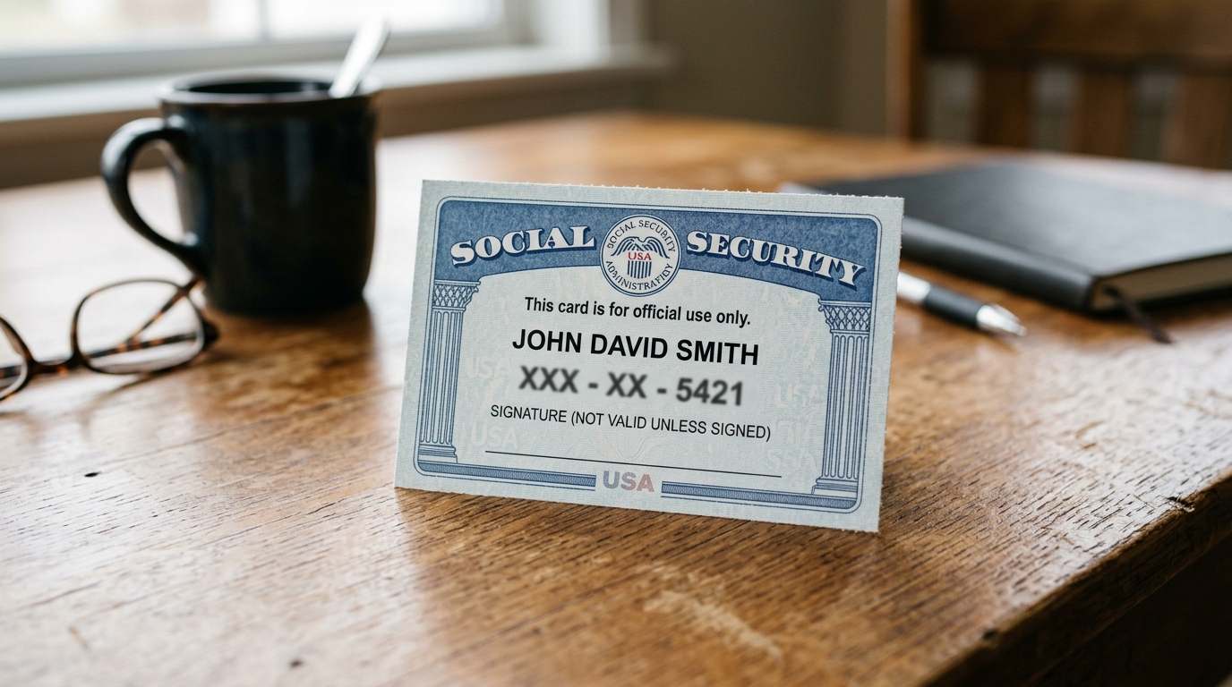 New Social Security card lying on a desk next to glasses, a coffee mug, and a notebook