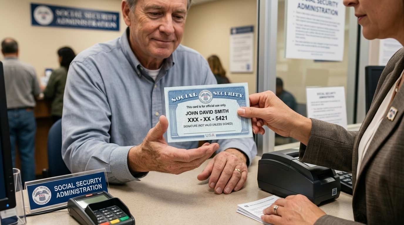 Social Security Administration employee handing a new SSN card to an expat at the office counter