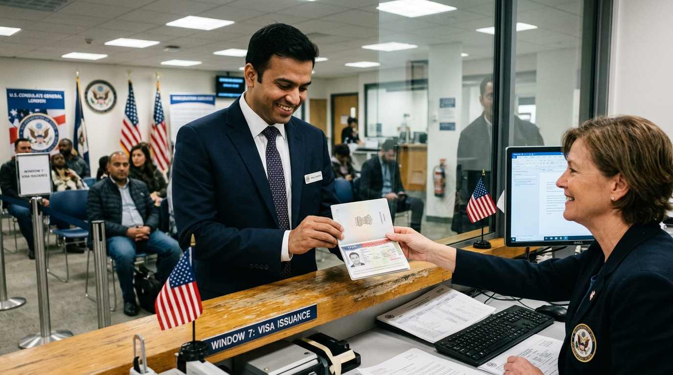 US consulate officer handing back an approved visa passport to a smiling applicant at the window