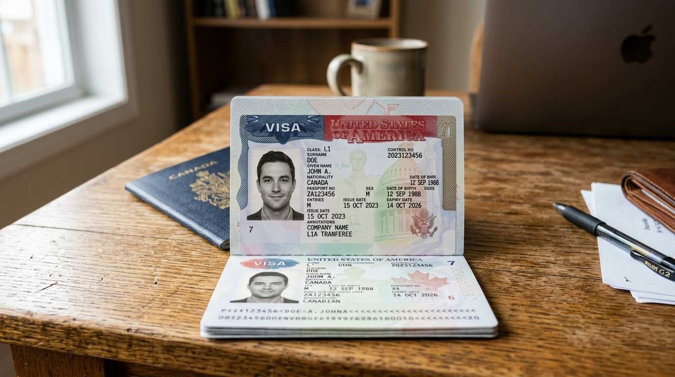 Canadian passport open to a US L-1 visa page for an intracompany transferee, resting on a desk