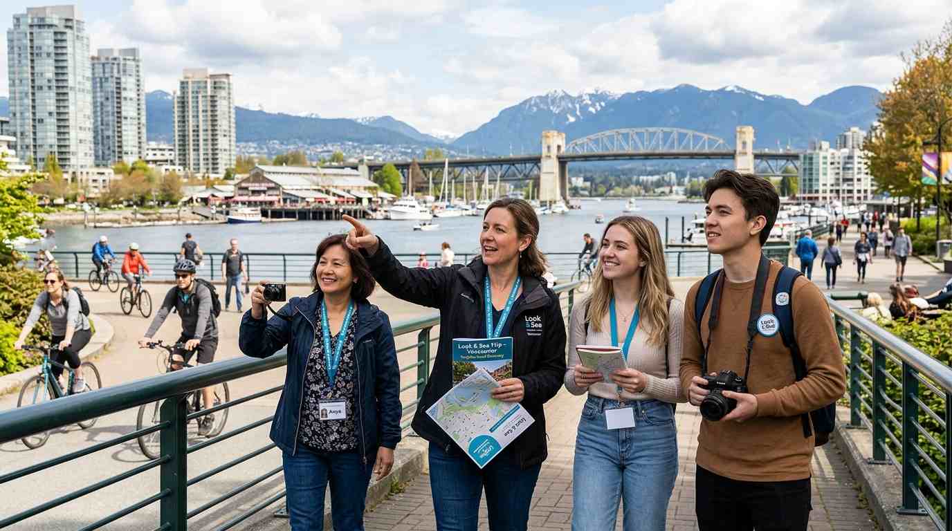 Local guide leading a look and see trip group along a waterfront with city skyline and mountains