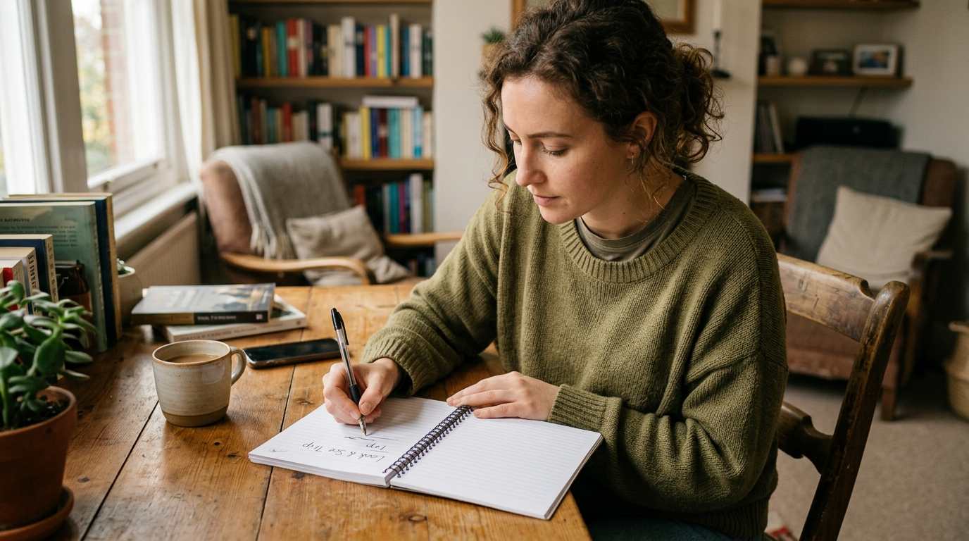 Woman writing "Look & See Trip" in a notebook while planning a relocation visit