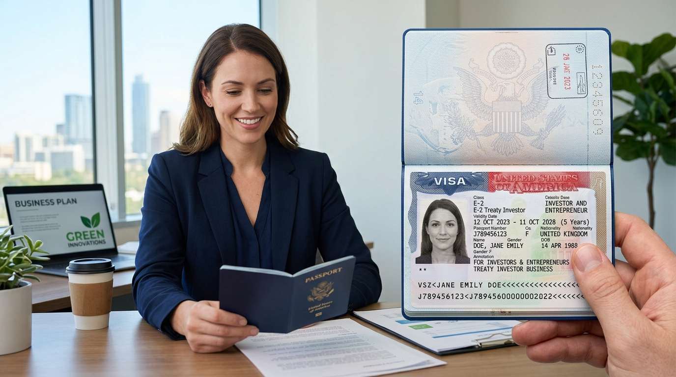 Businesswoman holding her passport next to an approved E-2 investor visa page