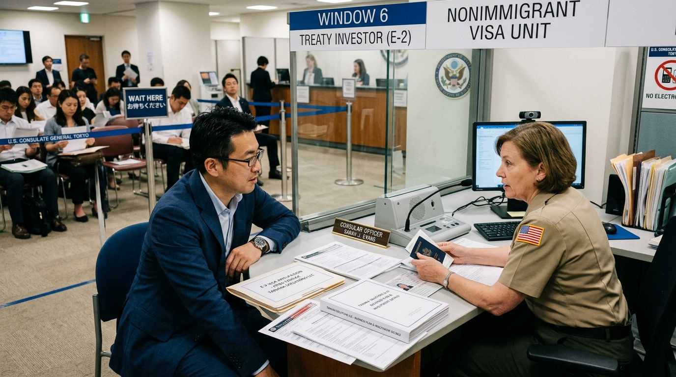 Applicant reviewing E-2 treaty investor visa documents with a consular officer at Window 6