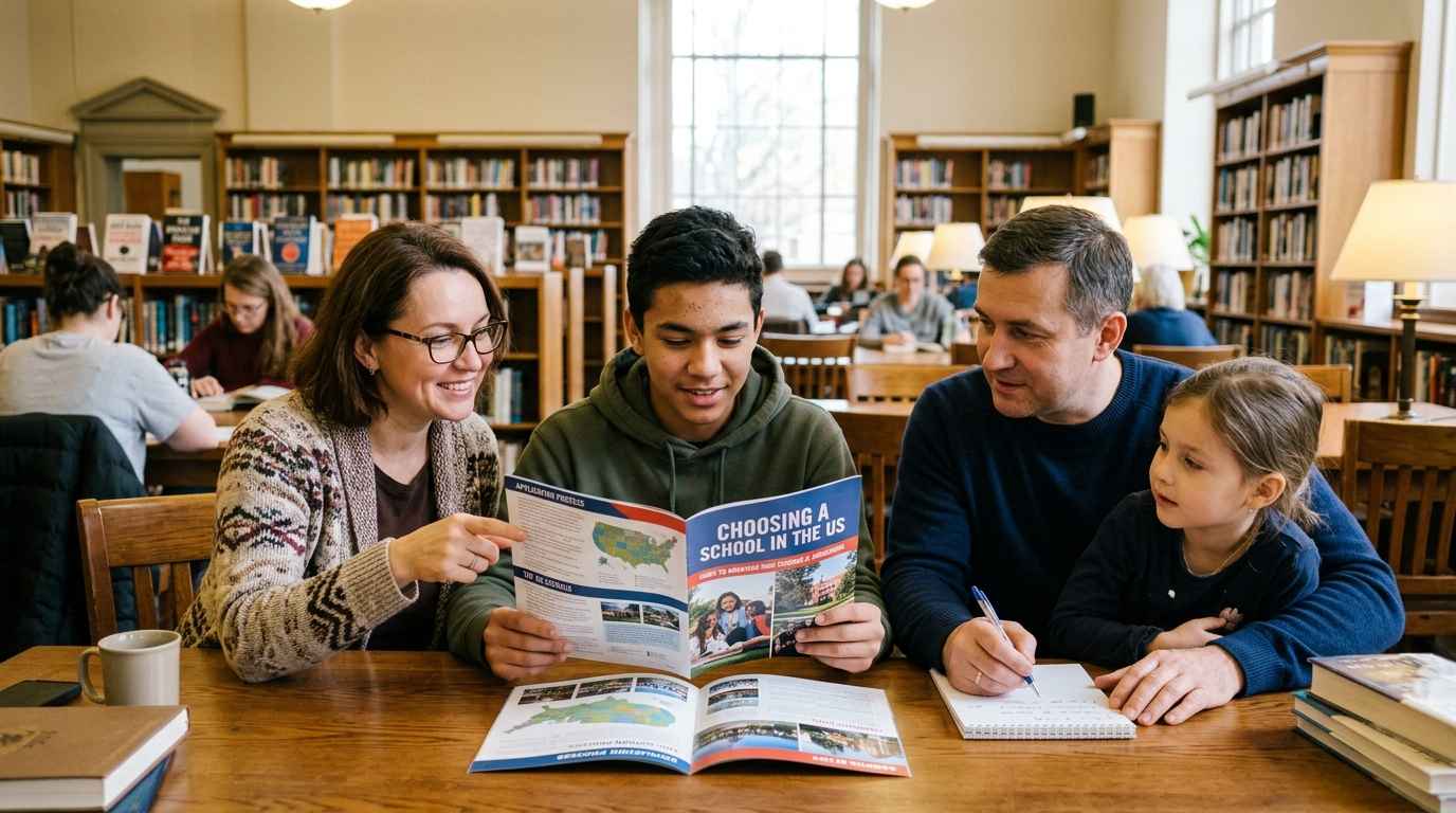 Expat family reading a school guide brochure together in a library