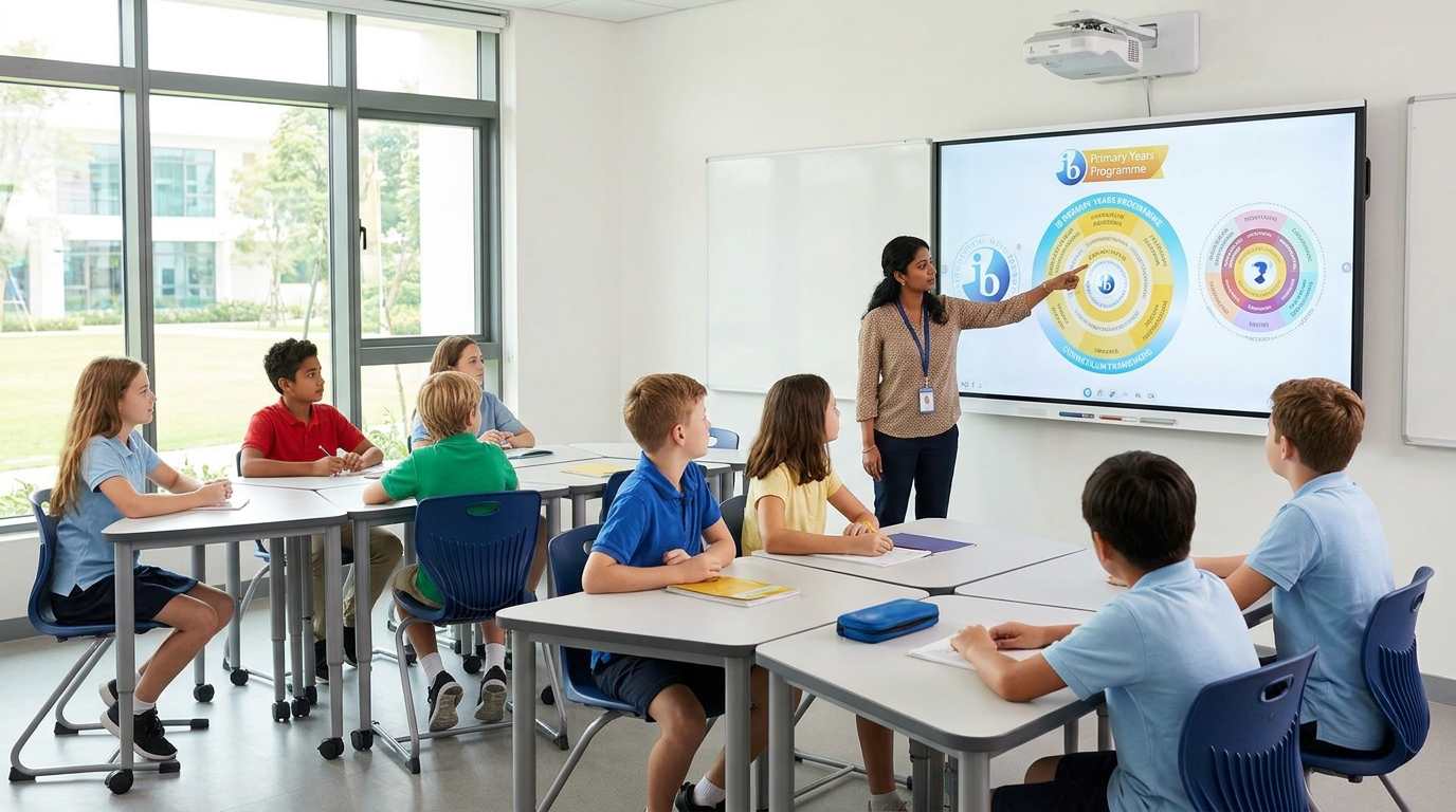 Teacher presenting IB Primary Years Programme to students in a classroom
