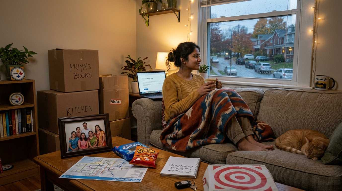 Woman settling into new home, adjusting to life abroad with coffee and cat