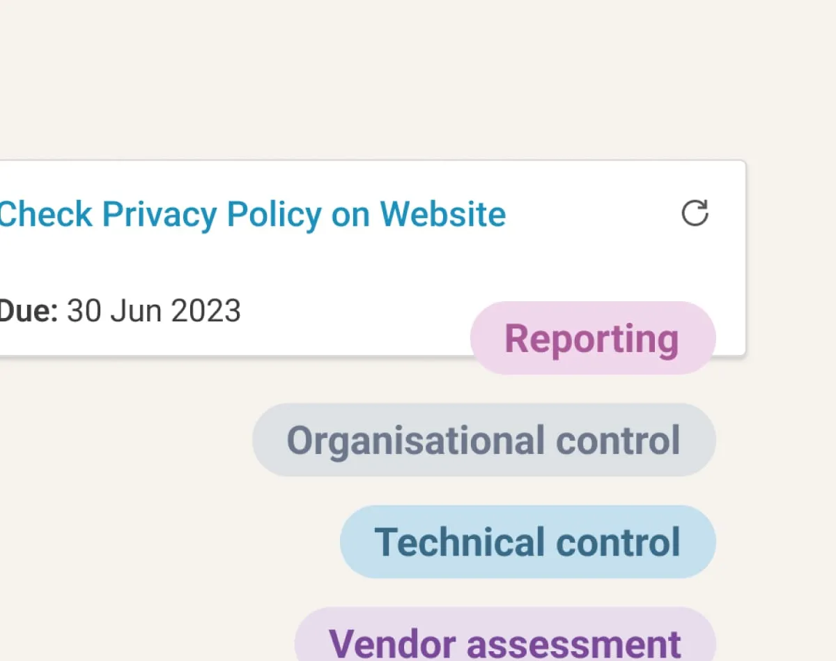 Task labeled ‘Check Privacy Policy on Website’ with a due date and colored tags like Reporting, Organisational control, and Technical control. Demonstrates categorization by task type.