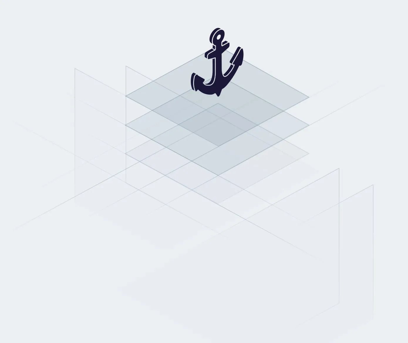 Abstract isometric illustration featuring a dark anchor resting on layered transparent tiles, symbolizing stability and a solid foundation for building sustainable compliance programs.