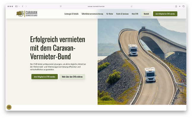 Screenshot der Startseite vom Caravan-Vermieter-Bund