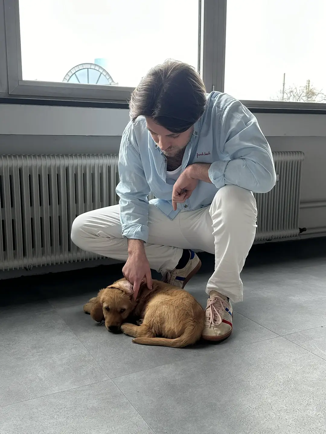 A person kneeling on the floor and petting a golden retriever baby