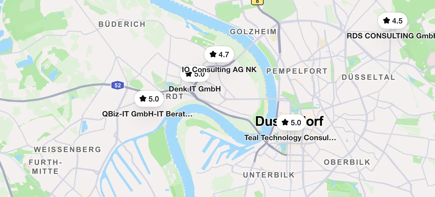 Kartenausschnitt Düsseldorf mit IT-Beratungen
