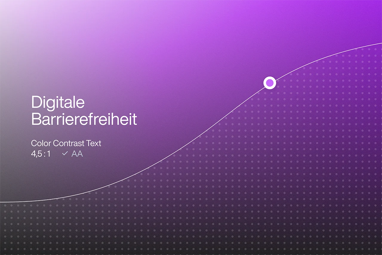 Grafik mit dem Titel ‚Digitale Barrierefreiheit‘, zeigt den AA-konformen Farbkontrast von 4,5:1 für barrierefreien Text auf violettem Hintergrund