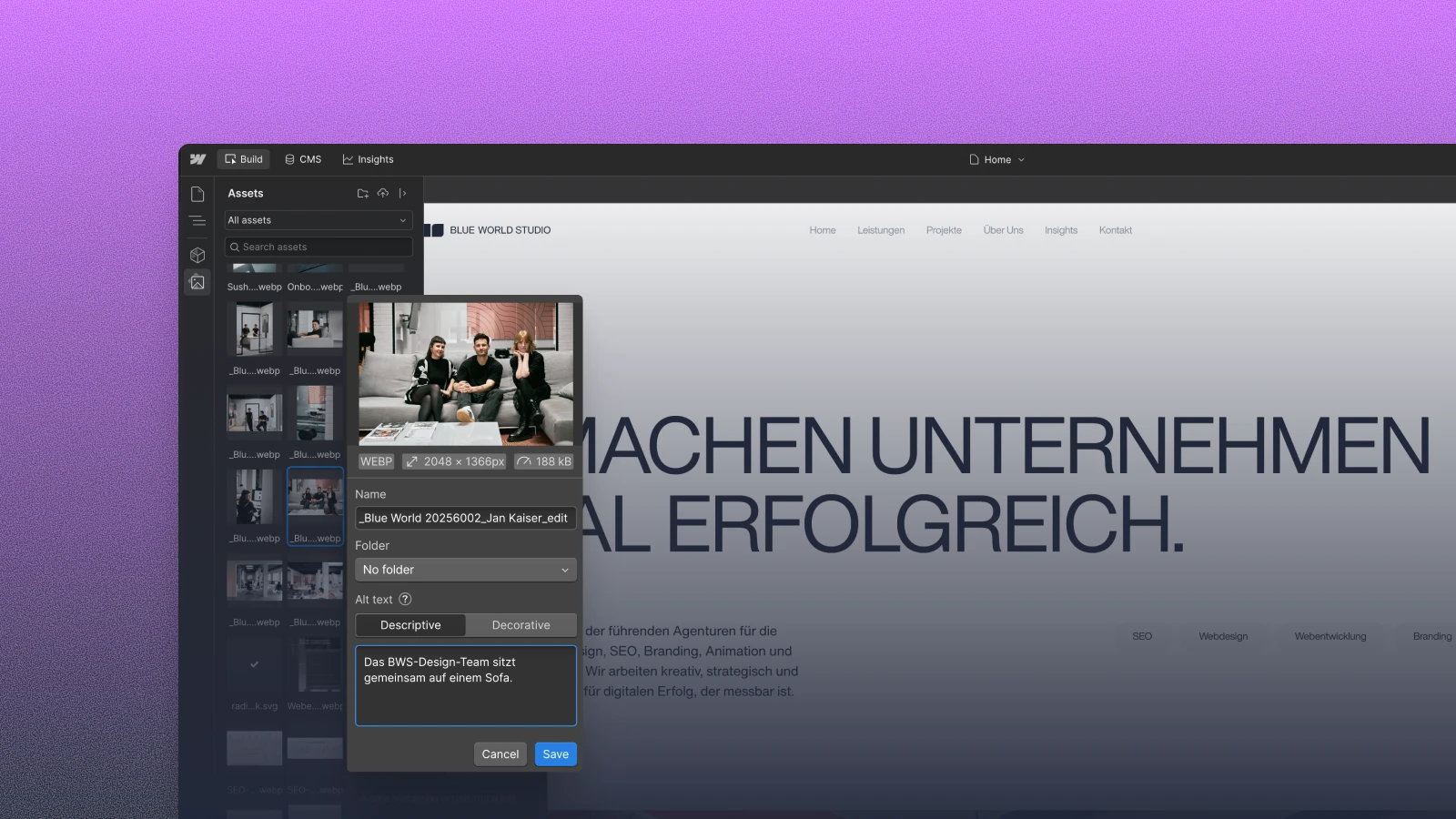Screenshot der Webflow-Oberfläche beim Einfügen eines Alt-Texts für ein Teamfoto des Blue World Studio Teams