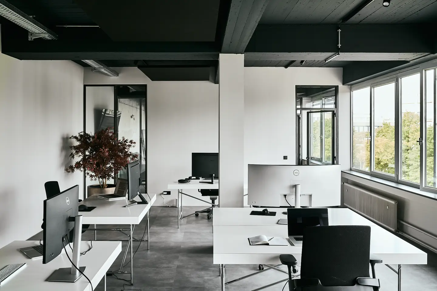 An empty scene at a tight but modern office space.