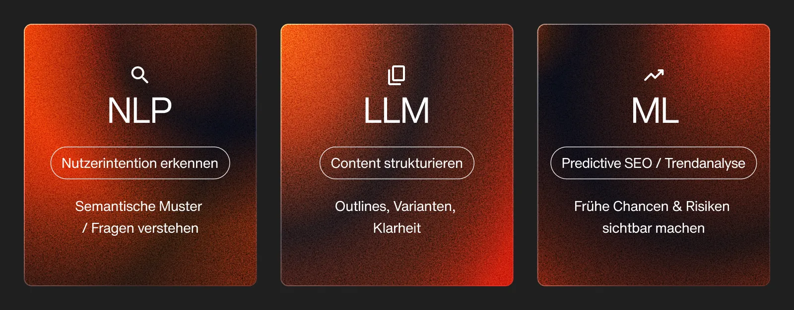 Drei Karten zu NLP, LLM und ML mit kurzen Nutzenbeschreibungen für SEO.